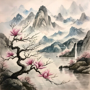 彩铅梅花国画山水