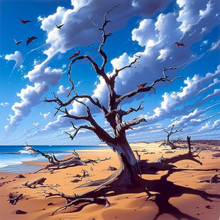 沙滩旁的枯树