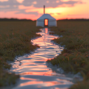 夕阳下的草地溪流