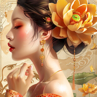 手绘荷花美女