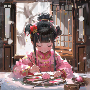 古风汉服q版女孩过年