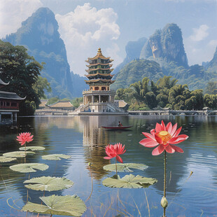 山水楼阁亭台墙画