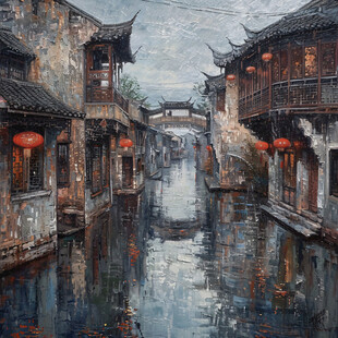 江南古镇油画效果