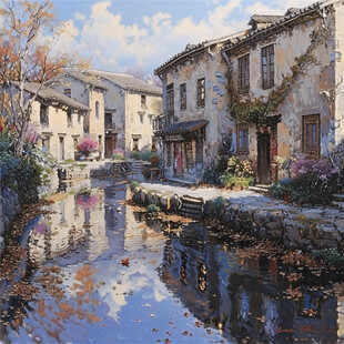 海边小村油画素材