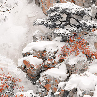 庭院松树假山石雪景