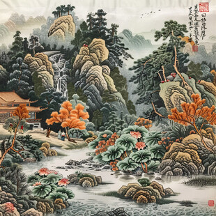 手绘青绿山水秋景