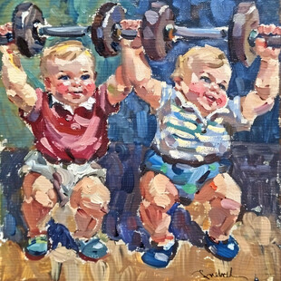 小区健身儿童油画