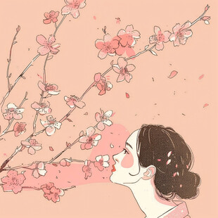 春天桃花女孩插画