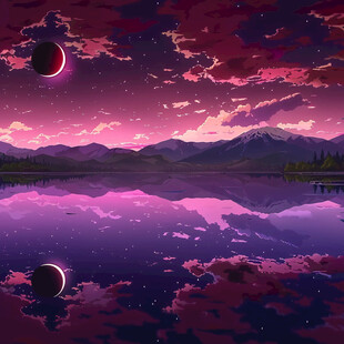 插画夜景湖泊