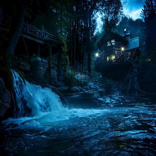 瀑布边的小木屋