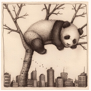 手绘滑雪的熊猫装饰画