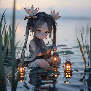 仲夏风荷塘侍女