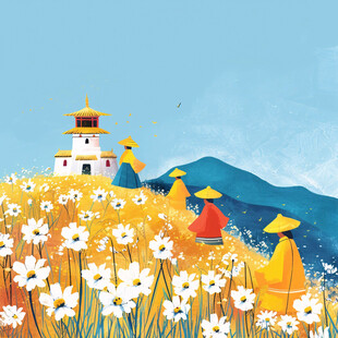 登高赏菊旅行插画