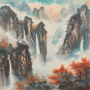 手绘风景画烟雾山水画