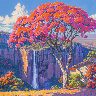 乡村大树红花植物