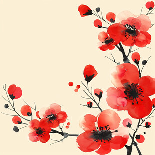 手绘红底梅花