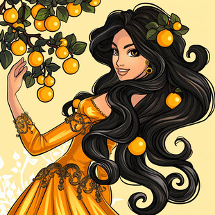 手绘采橙子的花仙子