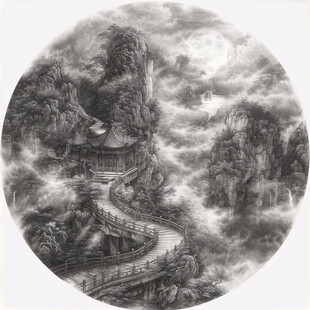 工笔楼阁亭台圆形框画