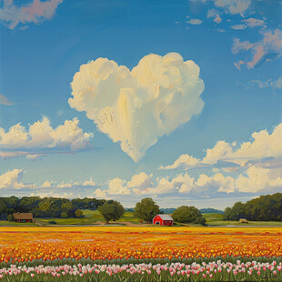 蓝天白云鲜花油画