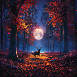 森林梅花鹿石头夜景