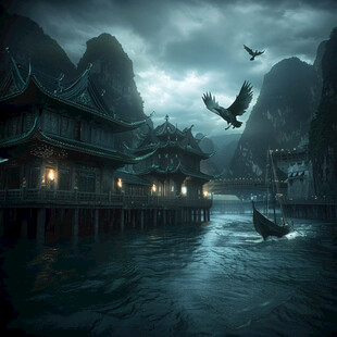 玄幻古镇夜景