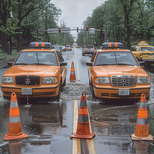 通过积水路的出租车