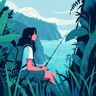 情侣钓鱼插画
