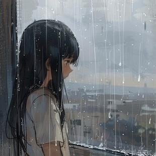 雨中撑伞的少女