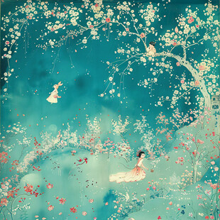 蓝调花鸟树枝背景