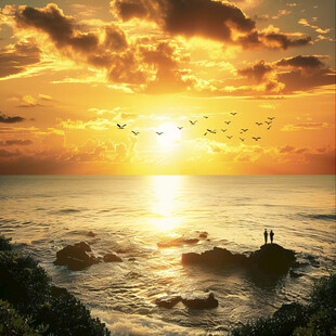 阳光夕阳太阳岩石岸边