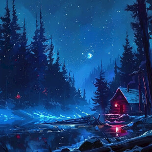 森林小木屋夜景
