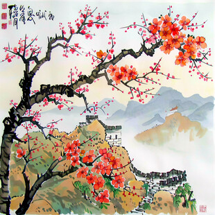 彩铅梅花国画山水