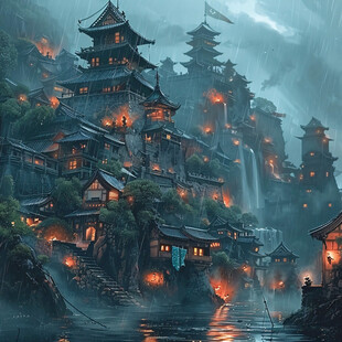 玄幻古镇夜景
