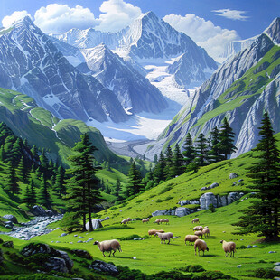 手绘草原草雪山