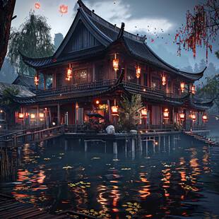 亭台水榭夜景