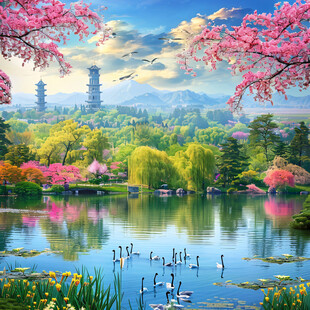 山水画风景画湖泊湖畔