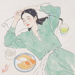 东方睡眠女子插画
