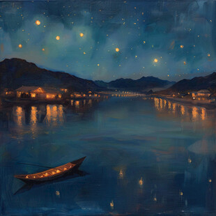 插画夜景湖泊