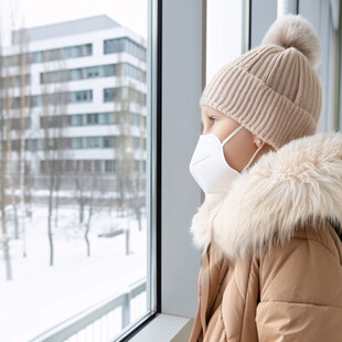 女孩看窗外雪景