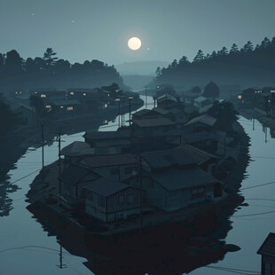 插画夜景湖泊