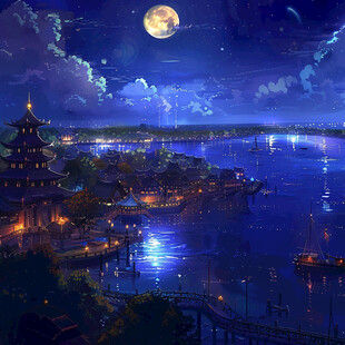 插画夜景湖泊