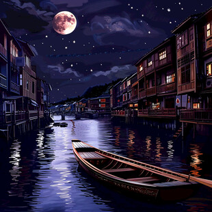 插画夜景湖泊