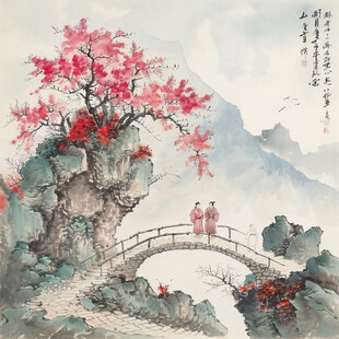 桃红色桃花景区国画