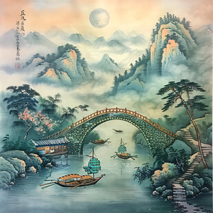 水上船家山水画