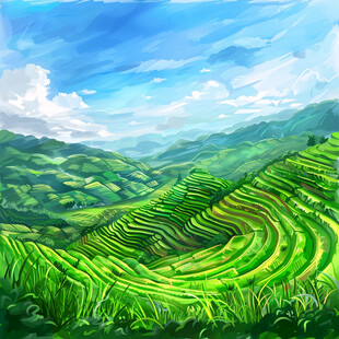 水稻梯田插画