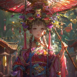 拿伞的宫廷少女