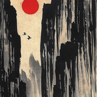 日落水墨画日落群山