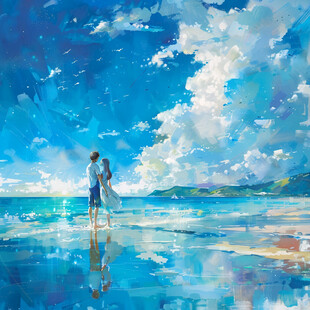 手绘看海的情侣插画