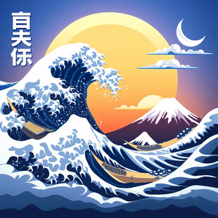 手绘海浪旭日东升