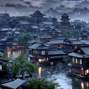 中式古代建筑雨景